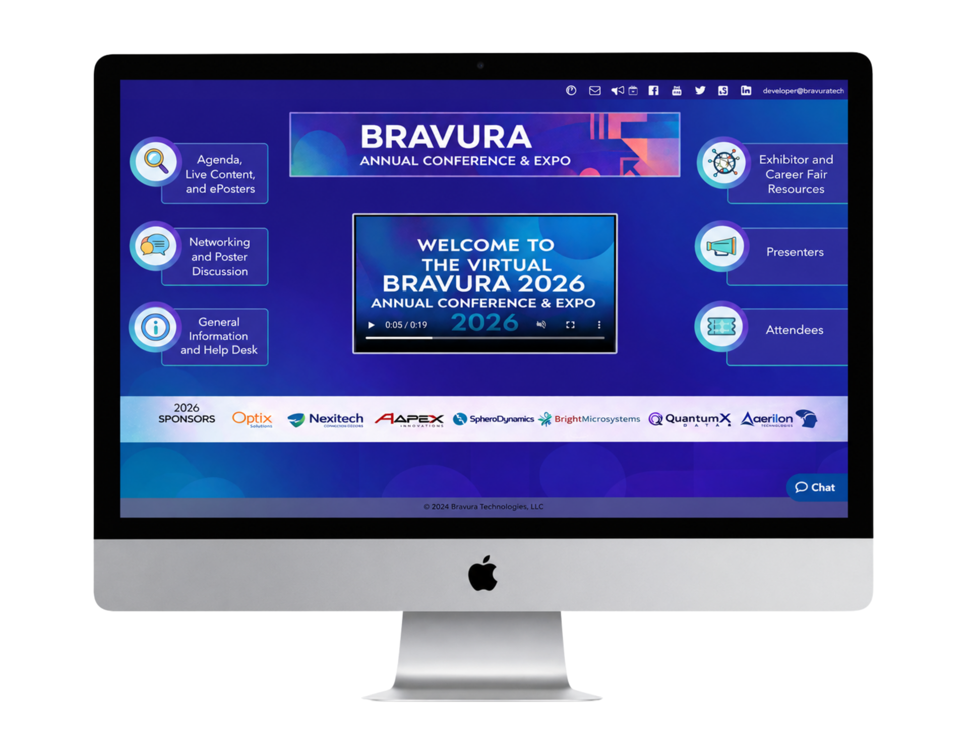 SESSIONS (94) iMac showing the Bravura virtual conference platform homepage with sponsor logos and navigation menu